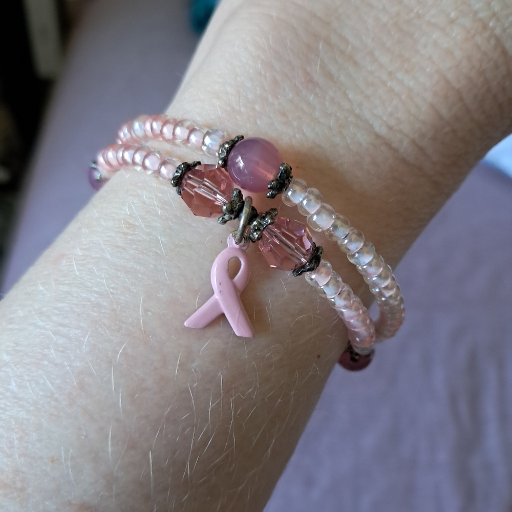 Sterling Silver Pink Quartz Crystal Beaded Breast Cancer Awareness Bracelet